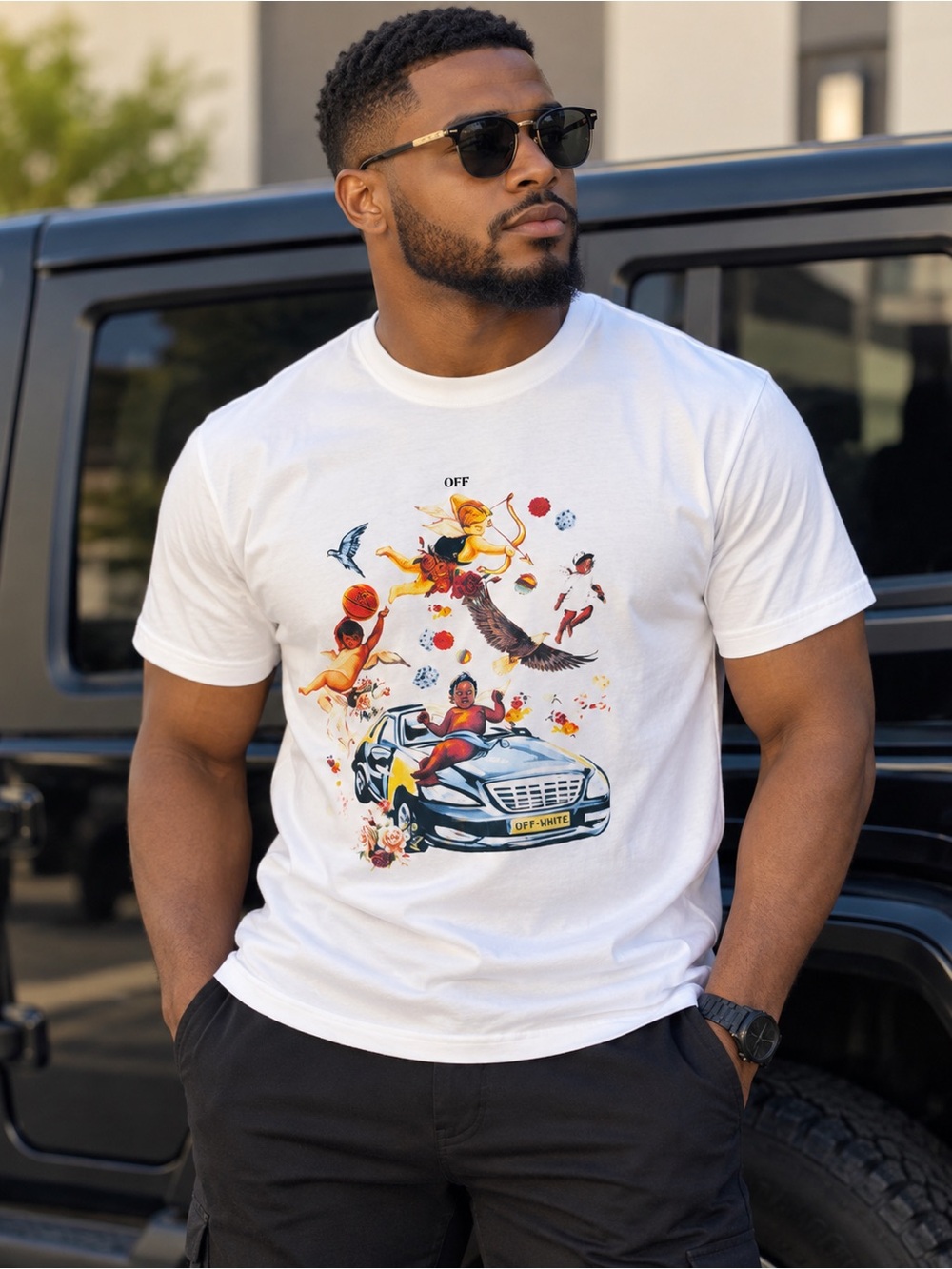 Off-White White Crewneck T-Shirt with Multicolor Cherub & Car Graphic